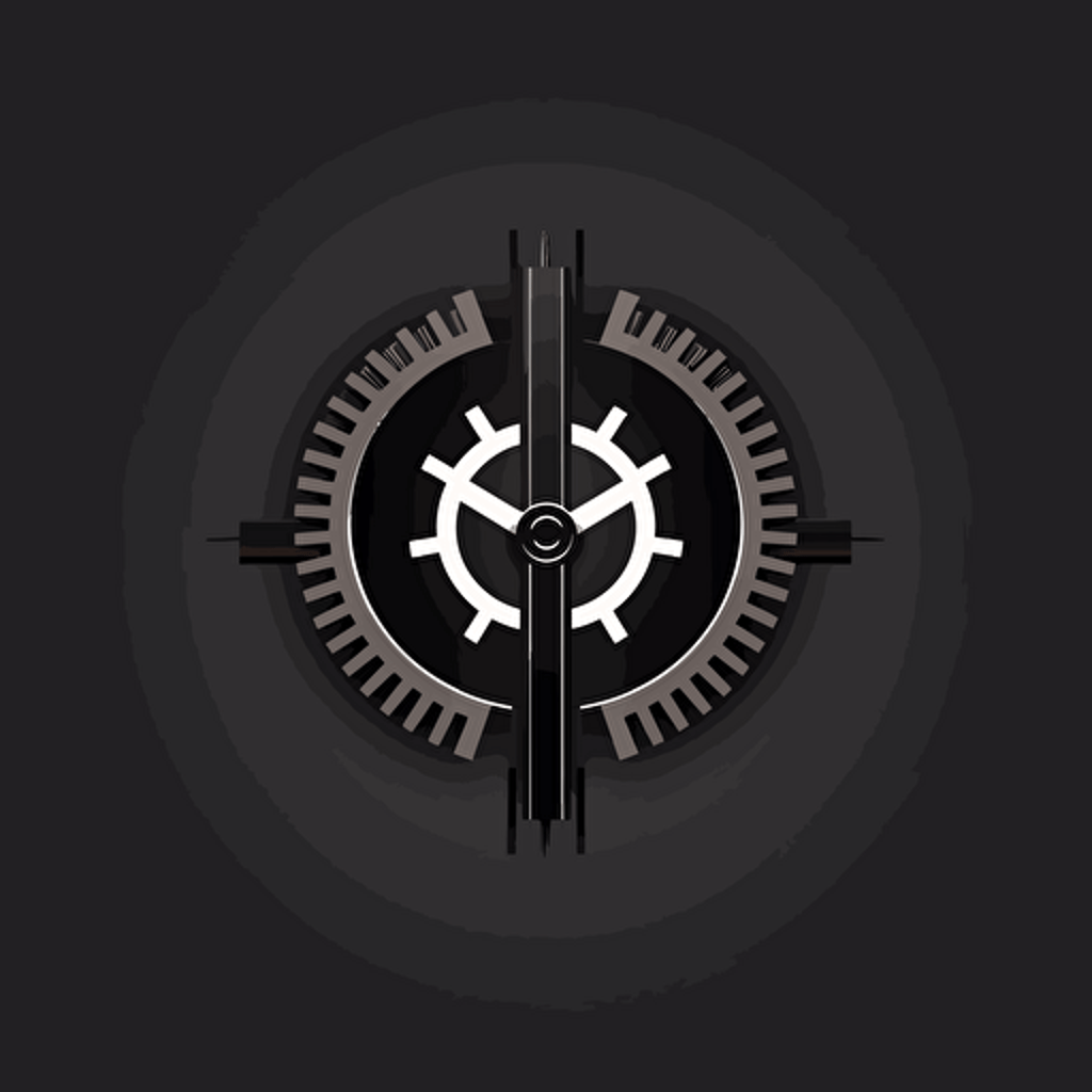 create a simple logo with a single gear in the middle and two gates surrounding the gear, mirror images of each other, vector, minimalistic