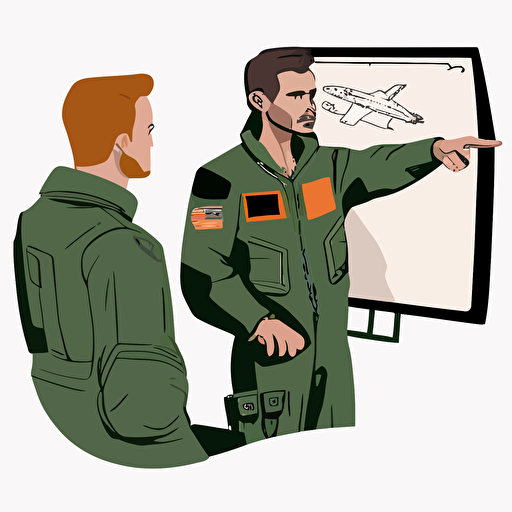 simple vector image of a man in a flight suit teaching another man in a flight suit