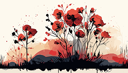 red poppy field, watercolour, minimalist, vector, contour