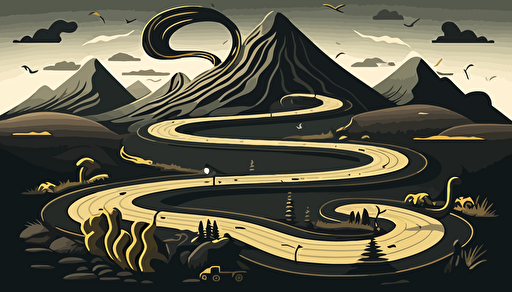 flat style, vector, roadmap in pagan elements, line as snake:: cartoon::1 matte black color::1