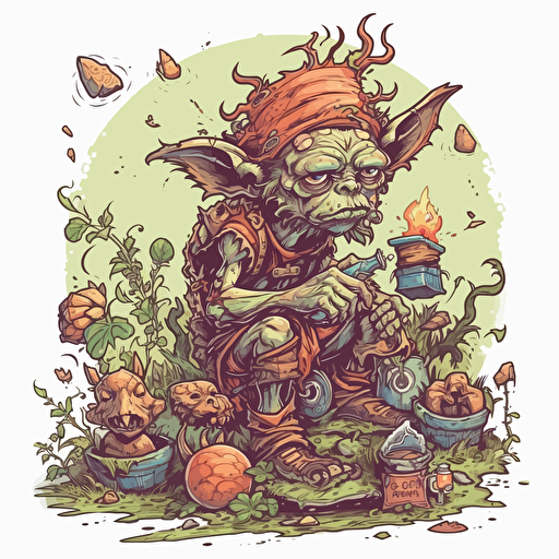 a goblincore scene in detailed drawing style + simple vector + bright colors on a white background