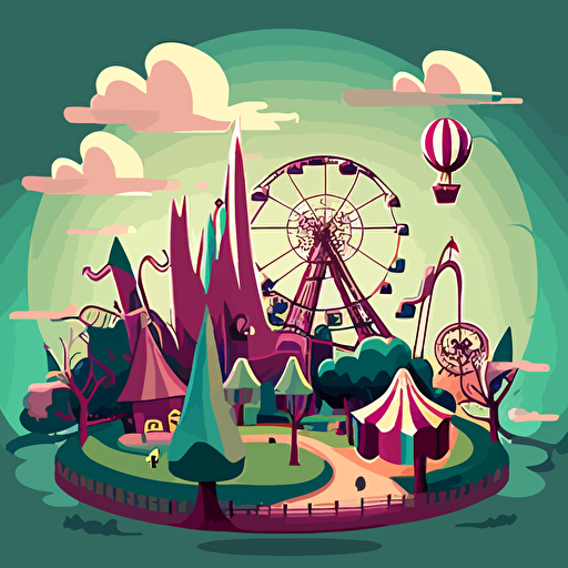 the scene is in a wooded area, vacant, shrubs, trees, bushes, roses, a hill in the background, a city landscape in the background, high clouds, broken carnival rides in the distant background, illustration, cartoon, vector