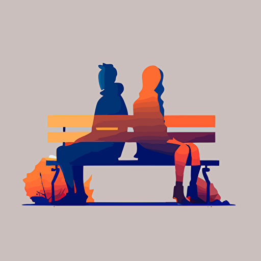 Flat vector of 2 people sitting side by side on a bench. Solid colours.