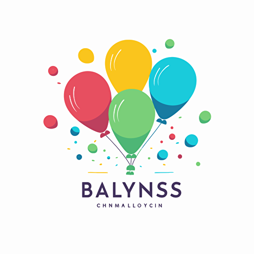 concept for logo of kids event company, baloons, vivid colors, text in the center, white background, vector, flat design, organic shape
