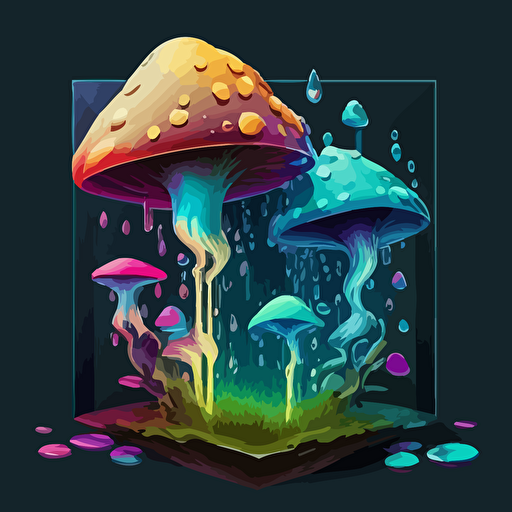 Dmt mushroom combination bright and vibrant with a waterfall animated effect with bright colors and make it a png vector. Make the background colored tiles that look like there opening up into another dimension with the effects of Dmt and lsd