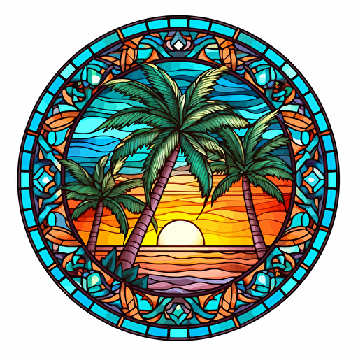 stained glass palm trees, surrounded by beach motifs in a circluar shape, vector design on the edges of the image