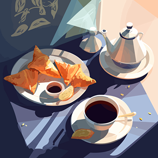 Flat Vector Illustration of Samosa and Tea in a Parisian Table setting, Style of Malika Favre. Use only 4 Colours. Strong Light and Shadow.