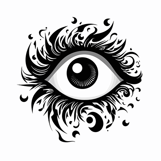 bold,abstract iconic logo of a cartoon eye with question marks around, black vector, white background