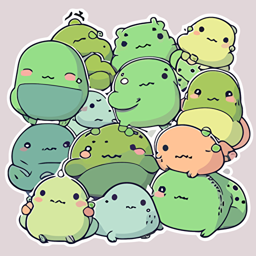 pastel colors, cartoon, simple, chubby green frogs, cute, sweet, sticker, contour, anime chibi art style