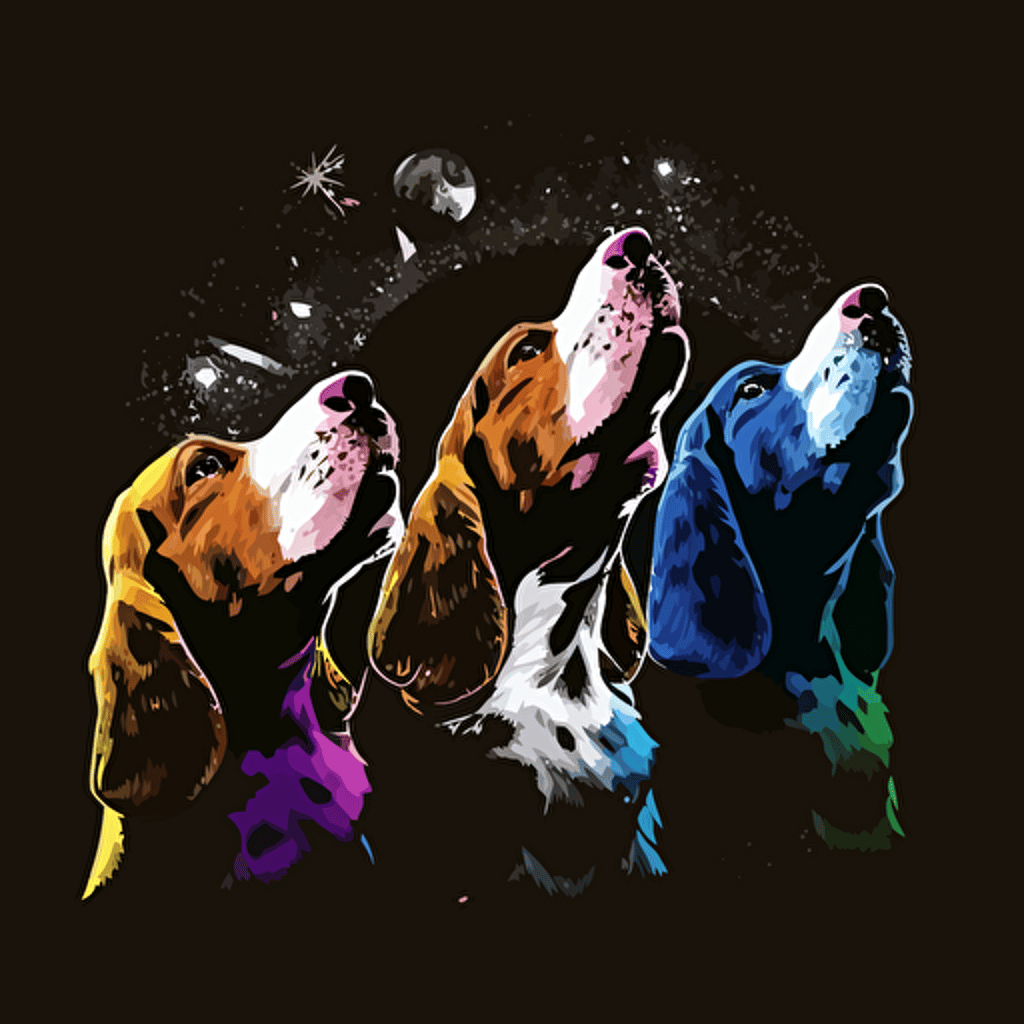 3 Basset Hound howling at the moon, mouth is open, colorful, vector, black background