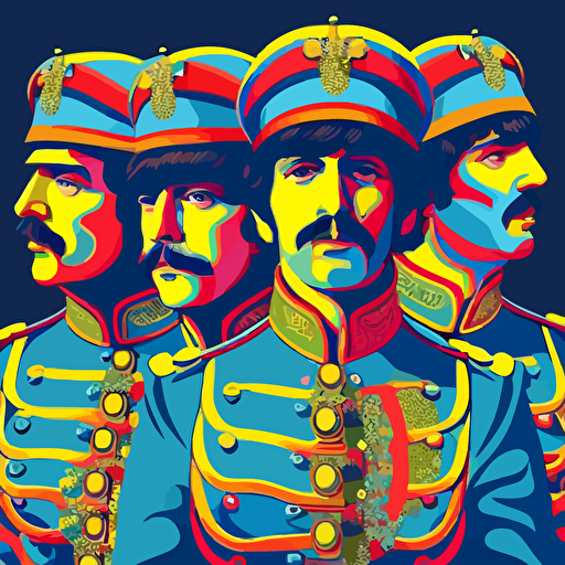 ynamic performance, four Beatles playing music from front, upper body, uniform Sgt. Pepper's Lonely Hearts Club Band, detail rich vector illustration in the colors , yellow red blue turquoise pink