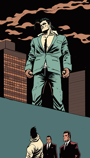 a rooftop where two yakuza gangster holding a man headfirst over the edge of the bulding threatening to let him fall, yakuza, manga comic style, simple vector illustration, flat design, cover, simple city background