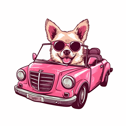a vector image of a dog driving a pink convertible, logo vector illustration, the dog looks happy, chillin, enjoying the ride, the dog has sunglasses and looks really cool, isolated on white background