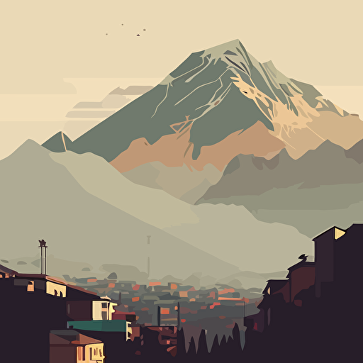 flat vector style, big mountains, small city skyline, muted colors, dirty