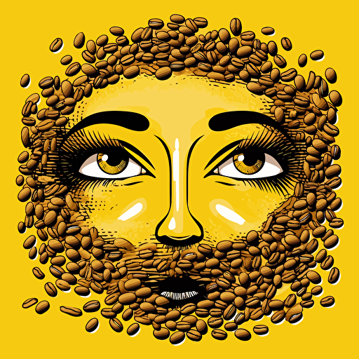 vector illustration of coffee roaster, coffee beans, in the style of shiny eyes, nobuyoshi araki, yellow and black, rounded forms, aerial view, illustration