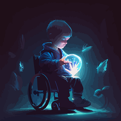 a small boy in a wheelchair holding up a glowing viral vector in the palm of his hand