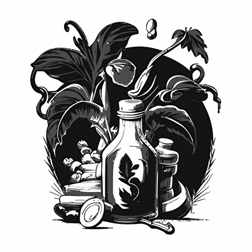 black and white vector illustration of a bunch of bananas and a magic potion day time