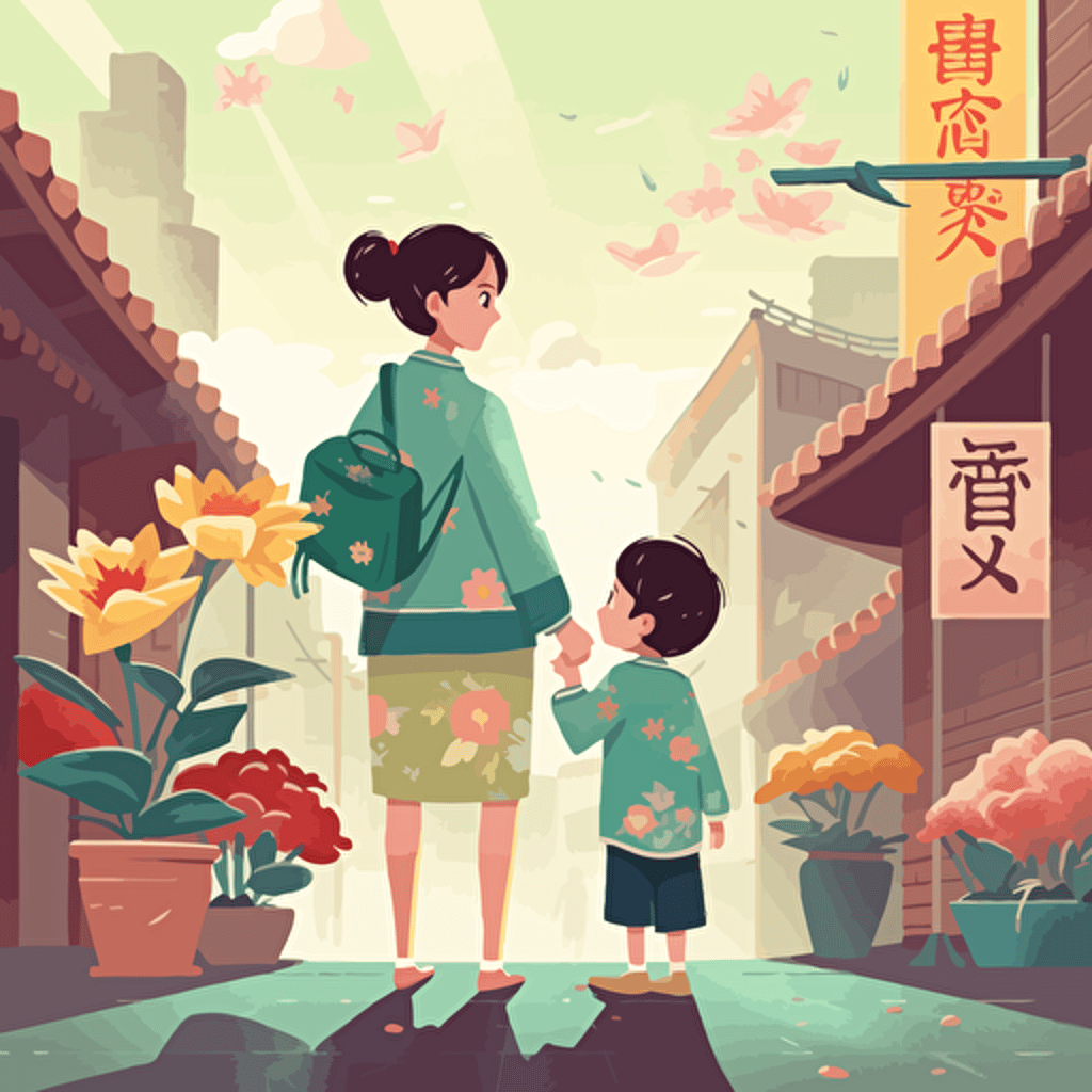 Chinese illustration, Mother's day poster, flat illustration, a little boy is holding flowers behind his back and ready to give it to his mother, the boy is wearing short sleeves and shorts, the mother is wearing a short sleeve skirt, smiling and looking into the distance, the flowers and green leaves in the foreground are very bright, flowers, the road , there are houses in the middle ground, blue sky and white clouds in the background, bright colors, high saturation, outline light, glare, blue tone, warm and bright, colorful, Al vector illustration, high quality, illustration, high definition