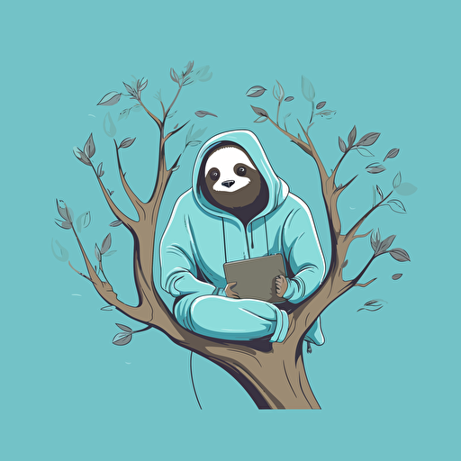 Simple vector image, of sloth holding in a hoodie, holding computer, Hanging on tree vine, cyan color scheme,