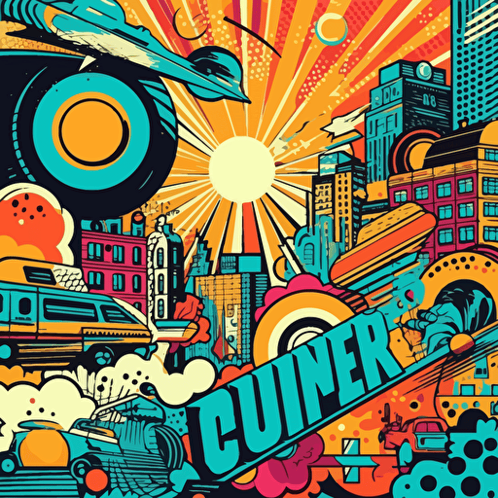 Create a digital art piece in Unreal Engine inspired by the 1960s Pop Art movement, showcasing creative elements from that era. The composition should evoke a sense of nostalgia and be suitable for a sticker design, using retro colors. Ensure that the artwork is in vector style and has a retro aesthetic, with a white background, a 16K resolution, and a transparent background, allowing for versatile usage without any text or numbers