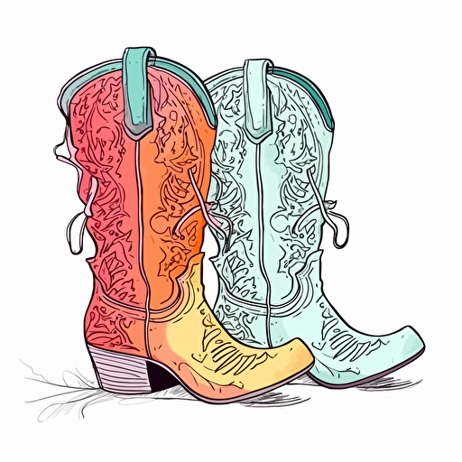 adorable brightly colored cowboy boots on a white background + doodle style + white background + simple vector + bright colors