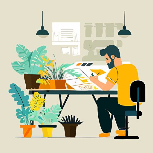 A man in casual dress attire sitting at a drawing table, writing a letter. Behind him are potted plants, and the room is an office. flat style illustration for business ideas, flat design vector, industrial, light color pallet using a limited color pallet, high resolution, engineering/ construction and design, colored cartoon style, light indigo and light gold, cad( computer aided design) , white background