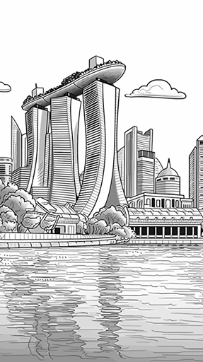 Singapore iconic architecture ignorant style No Shadow. Cartoon. Coloring page. Vector. Simple.