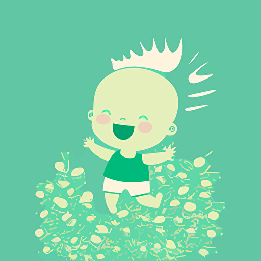 2D minimalist vector illustration, happy cute litttle baby, green background