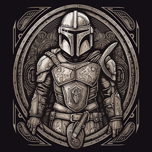 the mandalorian all silver armour, logo in the style of shepard Fairey, vector art, lino cut style, monochromatic, grain effect,