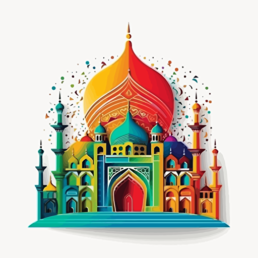 illlustration of eid mubarak using only red, yellow,blue,green,paper cut out, vector, white background