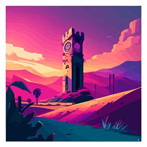 clock tower, flat landscape, digital art, vector, long shadow, 45 degree point of view, by Grant Riven Yun , synthwave colors