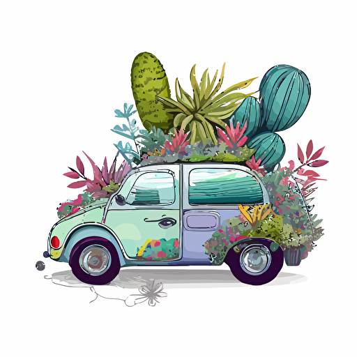 a picture of the side of a cute doodle car which is stuffed with colorful houseplants which are coming out of top and sides, vector drawing, highly detailed on a white background