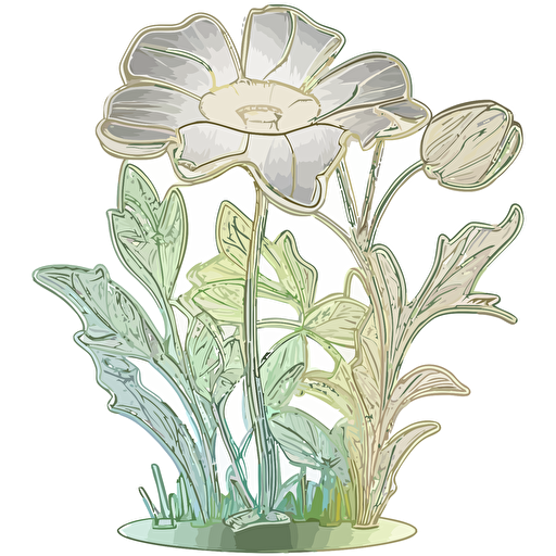 svg vector drawing, crystal flower lawn, pale sublte colors, thick crisp black outline