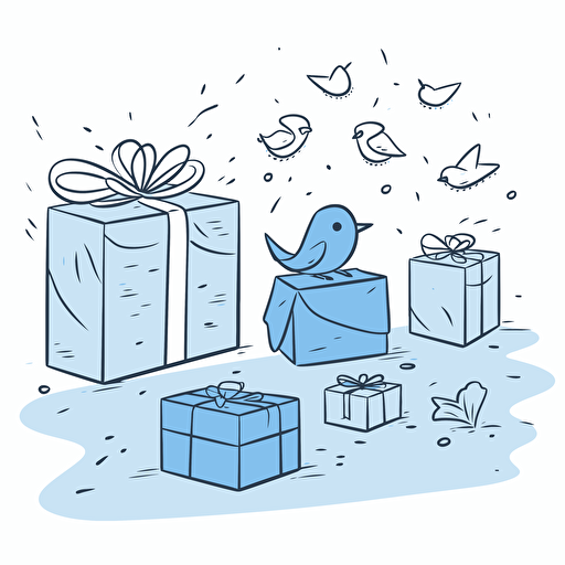 vector doodle minimalist, thinking computer ai, within background contains giftboxes and blue birds
