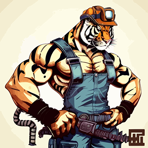 tiger with muscular man body and hard hat with large pipe wrench resting on shoulder in industrial background in the oil field, vector art, cartoon, white background, tough, dirty, mean, blue collar work