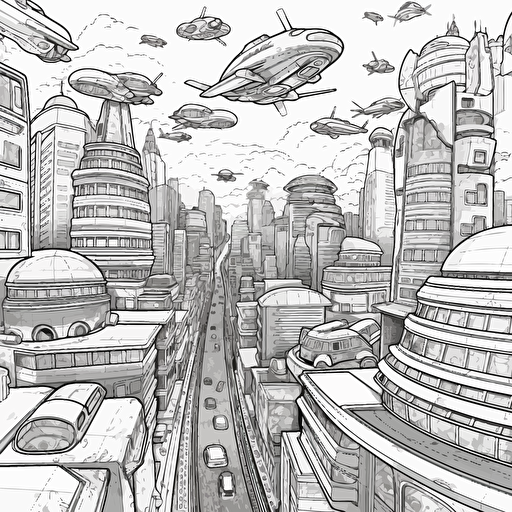 Futuristic City. Many Flying Cars. Cartoon. Coloring page. Vector. Simple.
