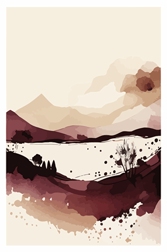 burgundy and beige watercolour landscape, minimalist, vector, contour