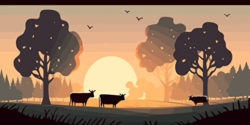 2d vector game illustration Cows in the meadow, early morning a little bit of fog flurries, sunset landscape cartoon