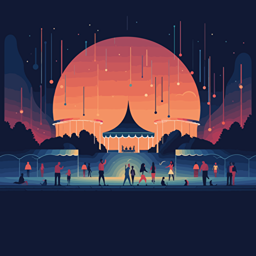 simple flat illustration of a fairgrounds at night with a few people, limit 5 colors, minimalist vector drawing