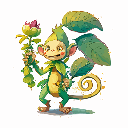 an anthropomorphic banana holding a monkey-plant hybrid in its hand, vector art , watercolor