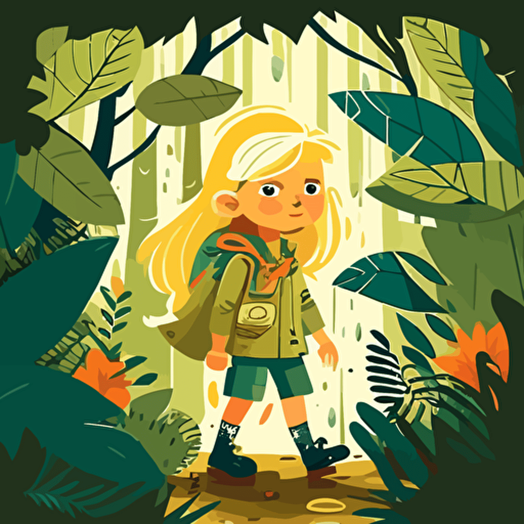 VECTOR ILLUSTRATION FOR A CHILDRENS BOOK. young blonde girl, jungle scene, explorer, rain forrest, vector art, colorful, 1sr person camer angle. golden hour
