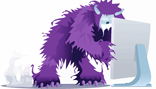 a purple yeti painting a computer, negative space, sparse and simple, white background, vector