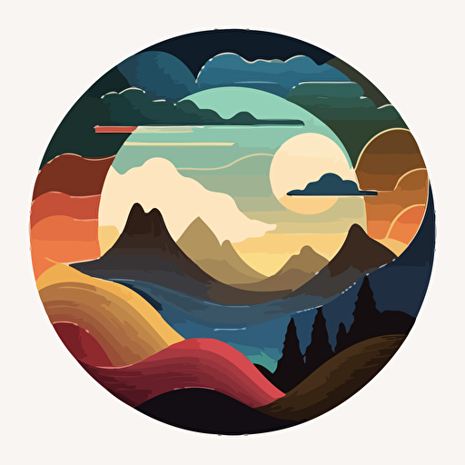 flat vector art of a soft wave in front of rounded mountains in the silhouette of a circle. Mountains are far in the distance. Feeling is happy. 5 colors.