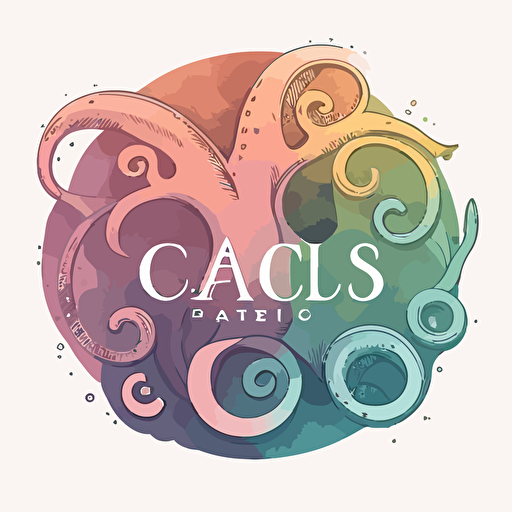 circle logo design, flat 2d vector logo of a octopus, muted rainbow colors, 80s, zodiac-inspired