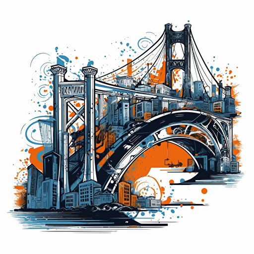 a vector image of building a bridge to connect communities, blue and orange and dark gray, graffiti style