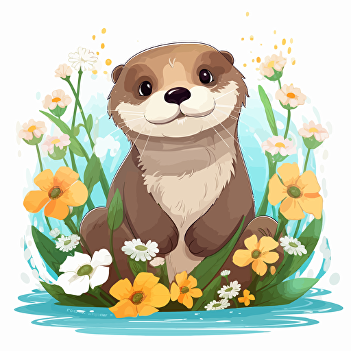 otter, flowers, detailed, cartoon style, 2d clipart vector, creative and imaginative, hd, white background
