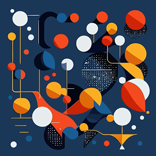 Create a vector illustration that visually portrays the transformation process from atoms to pixels as an evolutionary journey. Utilize a dark blue color palette and flat vector shapes, drawing inspiration from the iconic style of alexander calder. Experiment with different shapes and sizes to create a dynamic and engaging visual effect that captures the essence of this transformation.