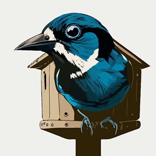 a large dale morphed into a birdhouse, apus apus perched on the lens looking down at the camera, vector image, simple, three color, blue, black, white