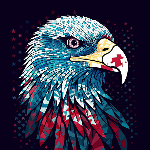 Eagle in front of a us flag, cool, american, Sticker, Cute, Sparkly Colors, kinetic art style, Contour, Vector, White Background, Detailed