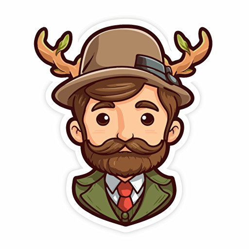 Sticker, Happy Colorful Sherlock Holmes, brown hair, short brown stubble beard, deerstalker, kawaii, contour, vector, white background